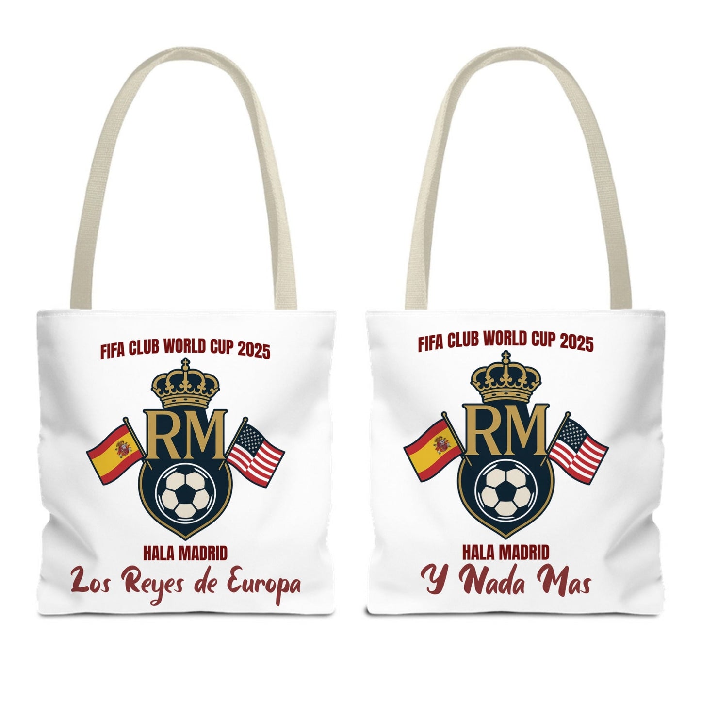 Real Madrid FIFA Club World Cup 2025 tote bag with Spanish and USA flags, personalized with custom phrase – Hala Madrid fan gift.