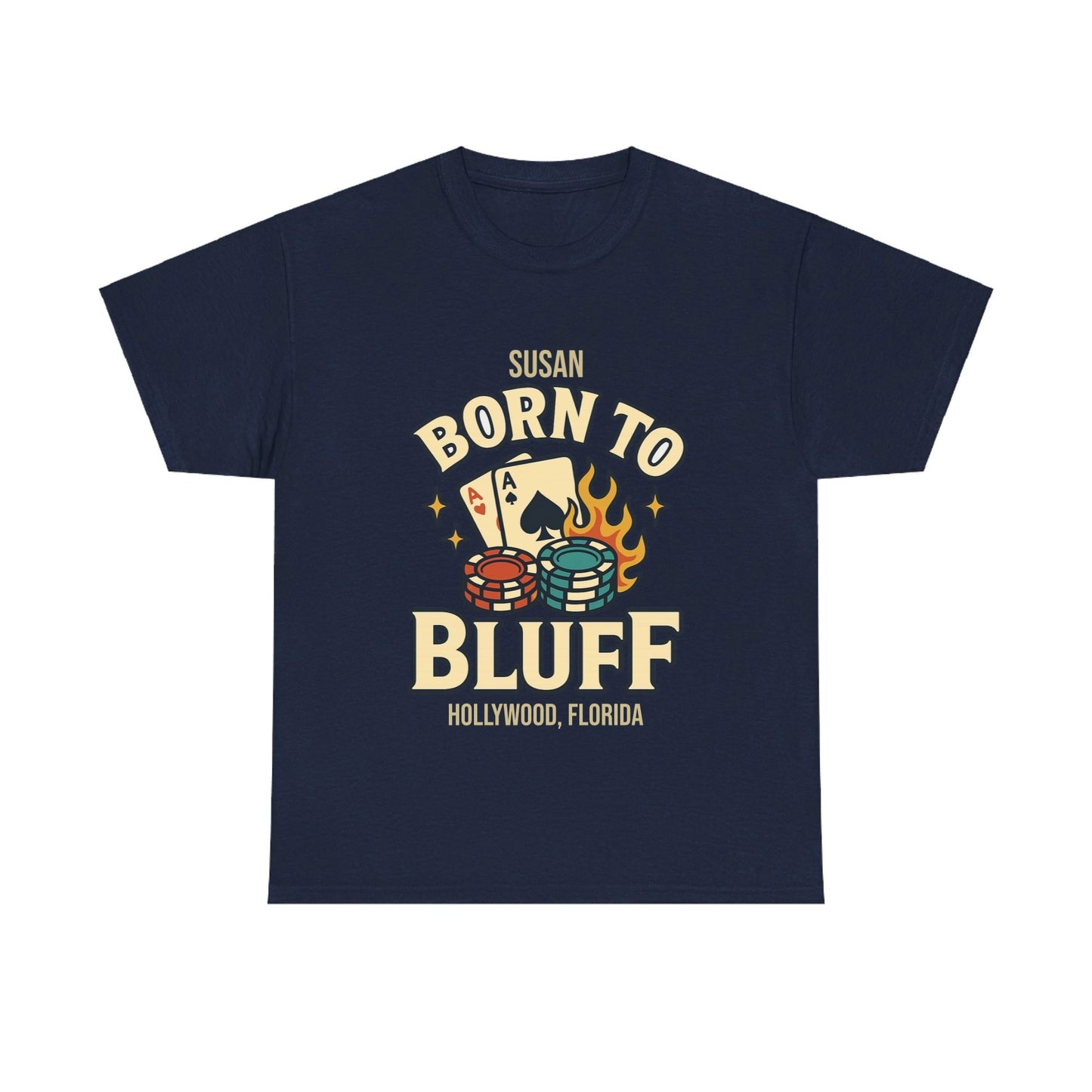 Personalized poker shirt with Born to Bluff design – customizable name and phrase