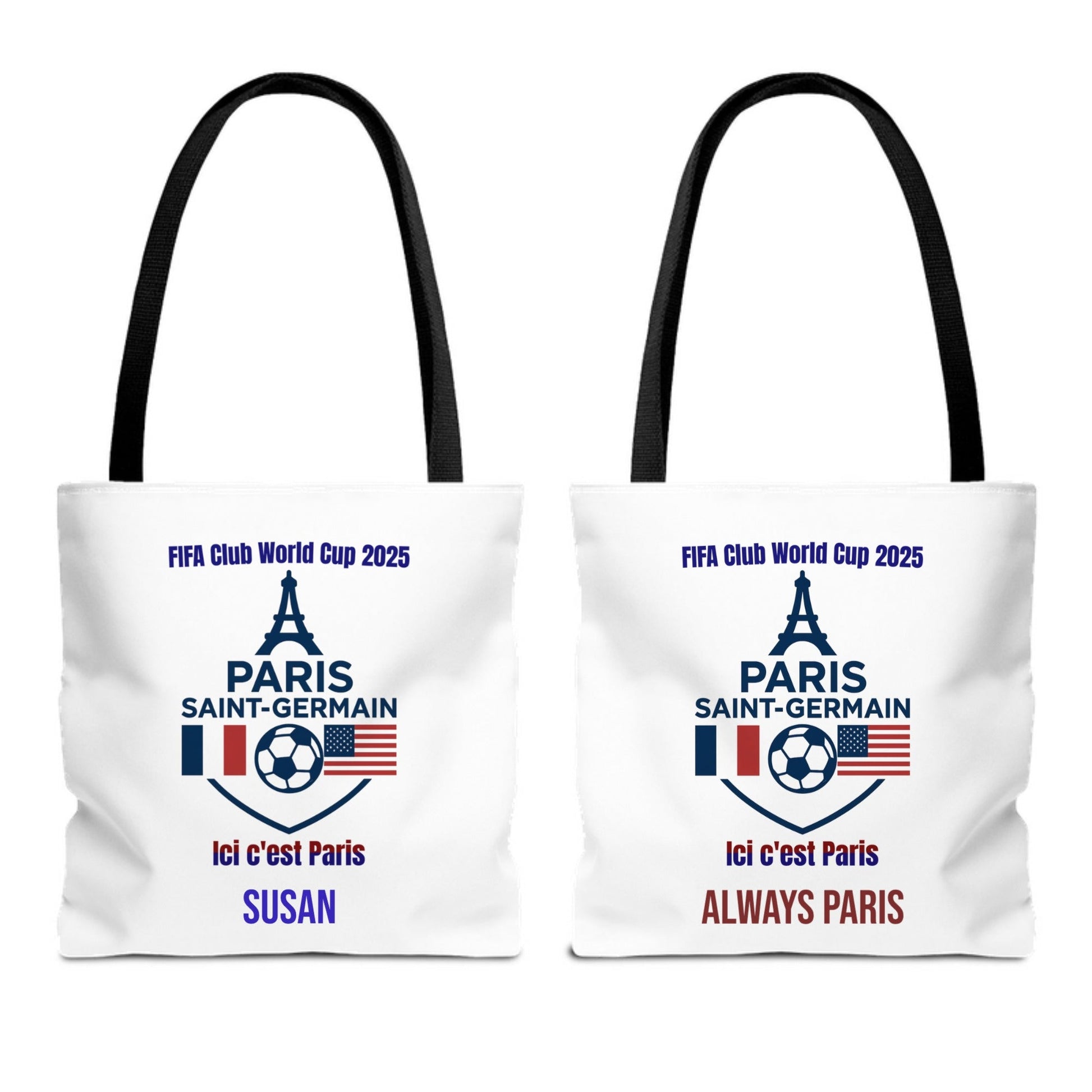 Paris Saint Germain tote bag for Club World Cup 2025 with customizable name or phrase.
