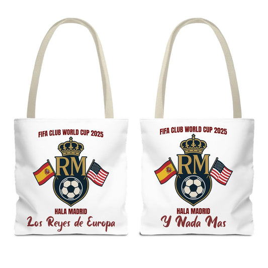 Real Madrid FIFA Club World Cup 2025 tote bag with Spanish and USA flags, personalized with custom phrase – Hala Madrid fan gift.