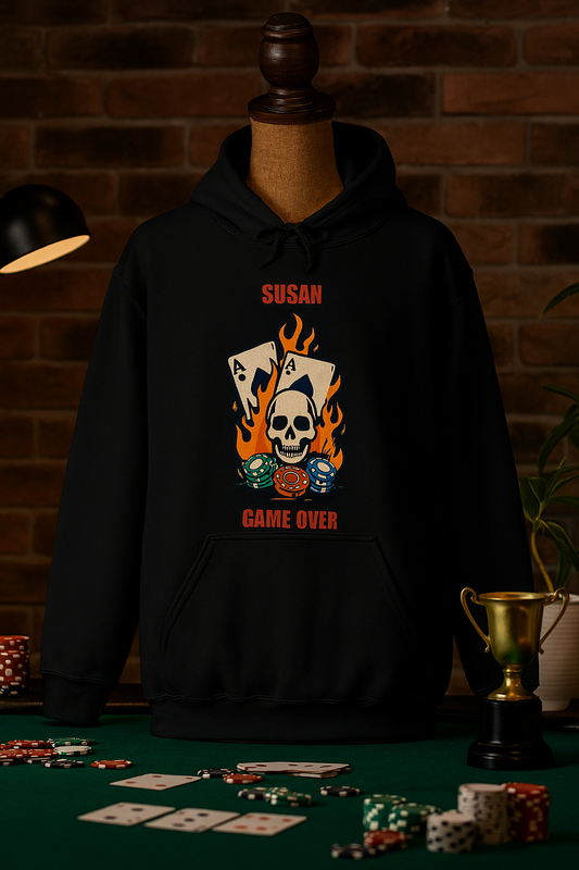 Black hoodie with flaming poker cards, skull and chips design, customizable with player name
