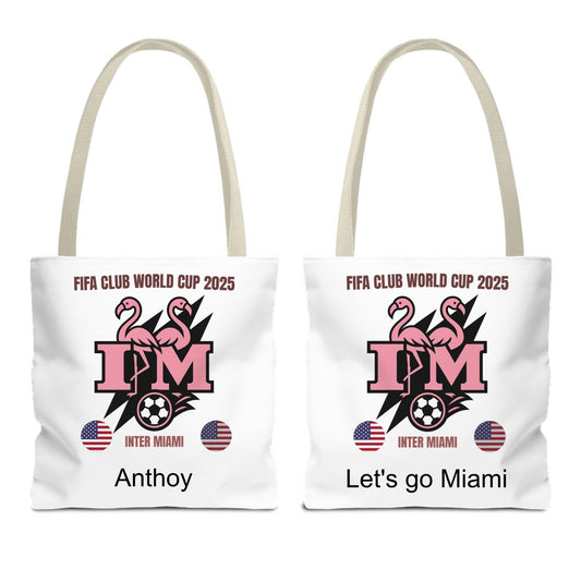 Inter Miami FIFA Club World Cup 2025 tote bag with pink flamingo logo, USA flags, and personalized text – soccer fan gift.