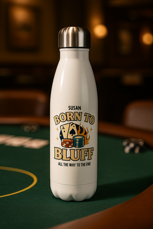 White stainless steel poker tumbler with Born to Bluff design, playing cards and chips, personalized with name and phrase
